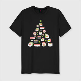 Мужская футболка хлопок Slim с принтом Новогодняя елка из суши в Тюмени, 92% хлопок, 8% лайкра | приталенный силуэт, круглый вырез ворота, длина до линии бедра, короткий рукав | Тематика изображения на принте: christmas | claus | new year | nigiri | santa | stars | sushi | tree | волшебство | дед мороз | дерево | ель | звезда | клаус | настроение | нигири | новогодняя | подарки | рождественская | рождественское | санта | сашими