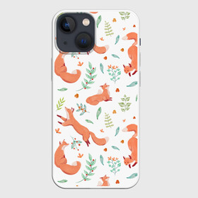 Чехол для iPhone 13 mini с принтом Акварельные лисички в Тюмени,  |  | art | autumn | cute | pattern | winter | акварель | арт | арты | бежит | живопись | животные | зима | иллюстрация | лиса | лисица | лисы | милая | нарисованная | осень | охотник | пастель | паттерн | прыгает | пушистая