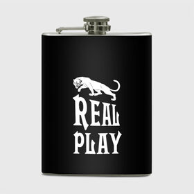 Фляга с принтом Real Play - черная пантера в Тюмени, металлический корпус | емкость 0,22 л, размер 125 х 94 мм. Виниловая наклейка запечатывается полностью | real play | большие кошки | игра | кошки | надпись | пантера