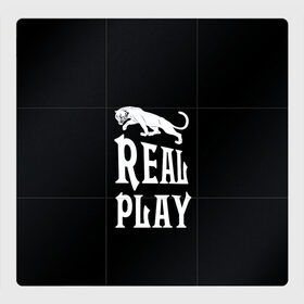 Магнитный плакат 3Х3 с принтом Real Play - черная пантера в Тюмени, Полимерный материал с магнитным слоем | 9 деталей размером 9*9 см | Тематика изображения на принте: real play | большие кошки | игра | кошки | надпись | пантера
