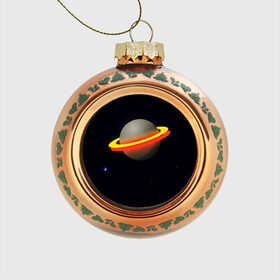 Стеклянный ёлочный шар с принтом Стальная планета в Тюмени, Стекло | Диаметр: 80 мм | абстракция | космос | неон | оранжевый цвет | планета
