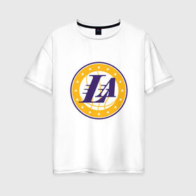 Женская футболка хлопок Oversize с принтом LA Lakers в Тюмени, 100% хлопок | свободный крой, круглый ворот, спущенный рукав, длина до линии бедер
 | 23 | anthony davis | basketball | bryant | game | james | kobe | lebron | los angeles | nba | sport | баскетбол | брайант | бровь | джеймс | калифорния | коби | король | леброн | лейкерс | лос анджелес | нба | спорт | тренер | чемпио