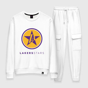 Женский костюм хлопок с принтом Lakers Stars в Тюмени, 100% хлопок | на свитшоте круглая горловина, мягкая резинка по низу. Брюки заужены к низу, на них два вида карманов: два 