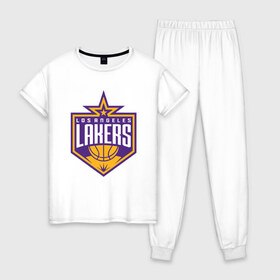 Женская пижама хлопок с принтом Los Angeles Lakers в Тюмени, 100% хлопок | брюки и футболка прямого кроя, без карманов, на брюках мягкая резинка на поясе и по низу штанин | 23 | anthony davis | basketball | bryant | game | james | kobe | lebron | los angeles | nba | sport | баскетбол | брайант | бровь | джеймс | калифорния | коби | король | леброн | лейкерс | лос анджелес | нба | спорт | тренер | чемпио