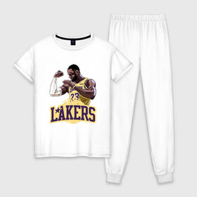 Женская пижама хлопок с принтом LeBron - Lakers в Тюмени, 100% хлопок | брюки и футболка прямого кроя, без карманов, на брюках мягкая резинка на поясе и по низу штанин | 23 | anthony davis | basketball | bryant | game | james | kobe | lebron | los angeles | nba | sport | баскетбол | брайант | бровь | джеймс | калифорния | коби | король | леброн | лейкерс | лос анджелес | нба | спорт | тренер | чемпио