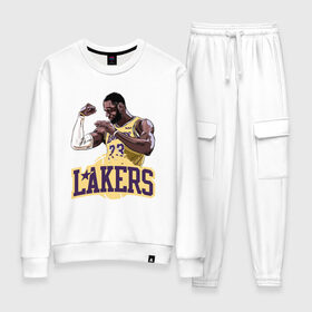 Женский костюм хлопок с принтом LeBron - Lakers в Тюмени, 100% хлопок | на свитшоте круглая горловина, мягкая резинка по низу. Брюки заужены к низу, на них два вида карманов: два 