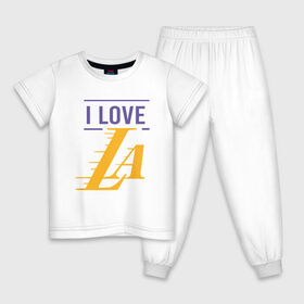 Детская пижама хлопок с принтом I Love Lakers в Тюмени, 100% хлопок |  брюки и футболка прямого кроя, без карманов, на брюках мягкая резинка на поясе и по низу штанин
 | Тематика изображения на принте: 23 | anthony davis | basketball | bryant | game | james | kobe | lebron | los angeles | nba | sport | баскетбол | брайант | бровь | джеймс | калифорния | коби | король | леброн | лейкерс | лос анджелес | нба | спорт | тренер | чемпио