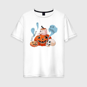 Женская футболка хлопок Oversize с принтом Mishka phantoms and pumpkins в Тюмени, 100% хлопок | свободный крой, круглый ворот, спущенный рукав, длина до линии бедер
 | bear | halloween | hallowen | halowen | helloween | mishka | phantom | phantoms | pumpkin | pumpkins | день всех святых | медведь | медвежонок | мишка | приведение | тыква | тыквы | фантомы | халовен | халовин | хеллуин