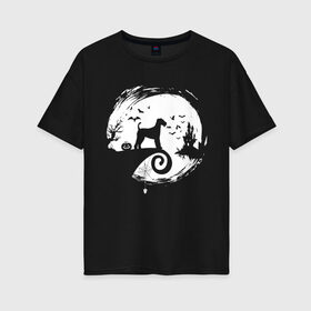 Женская футболка хлопок Oversize с принтом Полнолуние. Эрдельтерьер в Тюмени, 100% хлопок | свободный крой, круглый ворот, спущенный рукав, длина до линии бедер
 | halloween | вектор | луна | собака | страшилки | терьер | хэллоуин | эрдель
