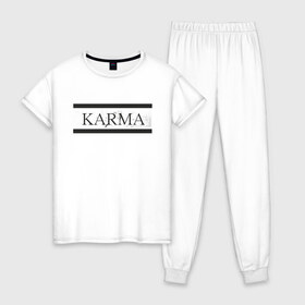 Женская пижама хлопок с принтом KARMA горизонтальная полоса в Тюмени, 100% хлопок | брюки и футболка прямого кроя, без карманов, на брюках мягкая резинка на поясе и по низу штанин | karma | карма | надпись | наказание