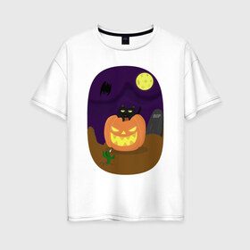 Женская футболка хлопок Oversize с принтом Мяу! Конфеты или жизнь! в Тюмени, 100% хлопок | свободный крой, круглый ворот, спущенный рукав, длина до линии бедер
 | зомби | кот | летучая мышь | луна | могильная плита | праздник | рука | тыква | хэллоуин | черный