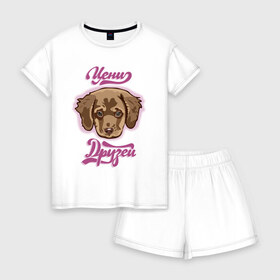Женская пижама с шортиками хлопок с принтом Цени друзей в Тюмени, 100% хлопок | футболка прямого кроя, шорты свободные с широкой мягкой резинкой | для девочек | дружба | надпись | собака | щенок