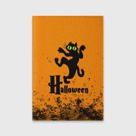 Обложка для паспорта матовая кожа с принтом Хэллоуин - Черный кот в Тюмени, натуральная матовая кожа | размер 19,3 х 13,7 см; прозрачные пластиковые крепления | Тематика изображения на принте: cat | halloween | котик | коты | кошки | хэллоуин