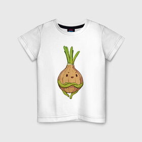 Детская футболка хлопок с принтом Хитрый лук в Тюмени, 100% хлопок | круглый вырез горловины, полуприлегающий силуэт, длина до линии бедер | арт | зелёный | лук | луковица | овощ | рисунок | хитрец | хитрый