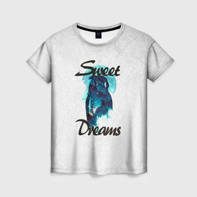 Женская футболка 3D с принтом Сова в Тюмени, 100% полиэфир ( синтетическое хлопкоподобное полотно) | прямой крой, круглый вырез горловины, длина до линии бедер | sweet dreams | звезды | луна | ночная жизнь | ночь | сновидения | сны | сова | сон | спокойной ночи