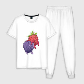 Мужская пижама хлопок с принтом Смородинки в Тюмени, 100% хлопок | брюки и футболка прямого кроя, без карманов, на брюках мягкая резинка на поясе и по низу штанин
 | Тематика изображения на принте: арт | красная смородина | мило | милота | рисунок | свежая ягода | свежие ягоды | свежий продукт | смородина | чёрная смородина | ягода | ягоды