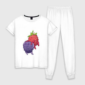 Женская пижама хлопок с принтом Смородинки в Тюмени, 100% хлопок | брюки и футболка прямого кроя, без карманов, на брюках мягкая резинка на поясе и по низу штанин | арт | красная смородина | мило | милота | рисунок | свежая ягода | свежие ягоды | свежий продукт | смородина | чёрная смородина | ягода | ягоды