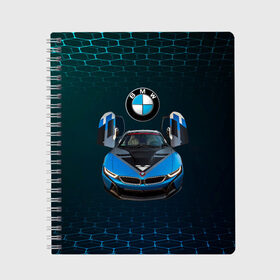 Тетрадь с принтом BMW i8 Turbo тюнинговая в Тюмени, 100% бумага | 48 листов, плотность листов — 60 г/м2, плотность картонной обложки — 250 г/м2. Листы скреплены сбоку удобной пружинной спиралью. Уголки страниц и обложки скругленные. Цвет линий — светло-серый
 | Тематика изображения на принте: bmw | bmw performance | bmw тюнинговая | i8 | i8 turbo | m | motorsport | performance | бмв | моторспорт | тюнинг