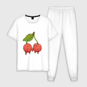 Мужская пижама хлопок с принтом Сестрички-вишни в Тюмени, 100% хлопок | брюки и футболка прямого кроя, без карманов, на брюках мягкая резинка на поясе и по низу штанин
 | Тематика изображения на принте: арт | вишенка | вишенки | вишня | мило | милота | рисунок | свежий продукт | свежий ягода | ягода