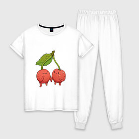 Женская пижама хлопок с принтом Сестрички-вишни в Тюмени, 100% хлопок | брюки и футболка прямого кроя, без карманов, на брюках мягкая резинка на поясе и по низу штанин | Тематика изображения на принте: арт | вишенка | вишенки | вишня | мило | милота | рисунок | свежий продукт | свежий ягода | ягода