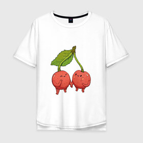 Мужская футболка хлопок Oversize с принтом Сестрички-вишни в Тюмени, 100% хлопок | свободный крой, круглый ворот, “спинка” длиннее передней части | Тематика изображения на принте: арт | вишенка | вишенки | вишня | мило | милота | рисунок | свежий продукт | свежий ягода | ягода