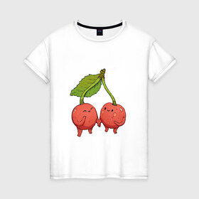 Женская футболка хлопок с принтом Сестрички-вишни в Тюмени, 100% хлопок | прямой крой, круглый вырез горловины, длина до линии бедер, слегка спущенное плечо | Тематика изображения на принте: арт | вишенка | вишенки | вишня | мило | милота | рисунок | свежий продукт | свежий ягода | ягода