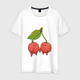 Мужская футболка хлопок с принтом Сестрички-вишни в Тюмени, 100% хлопок | прямой крой, круглый вырез горловины, длина до линии бедер, слегка спущенное плечо. | Тематика изображения на принте: арт | вишенка | вишенки | вишня | мило | милота | рисунок | свежий продукт | свежий ягода | ягода
