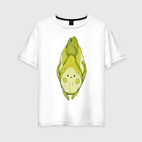 Женская футболка хлопок Oversize с принтом Цикорий в Тюмени, 100% хлопок | свободный крой, круглый ворот, спущенный рукав, длина до линии бедер
 | арт | мило | милота | овощ | овощи | рисунок | свежие овощи | свежий овощ | свежий продукт | цикорий