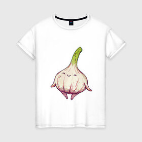 Женская футболка хлопок с принтом Милый чеснок в Тюмени, 100% хлопок | прямой крой, круглый вырез горловины, длина до линии бедер, слегка спущенное плечо | арт | мило | милота | овощ | овощи | рисунок | свежие овощи | свежий овощ | свежий продукт | чеснок