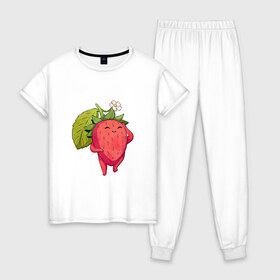 Женская пижама хлопок с принтом Довольная клубника в Тюмени, 100% хлопок | брюки и футболка прямого кроя, без карманов, на брюках мягкая резинка на поясе и по низу штанин | арт | белый цветок | белый цветочек | клубника | мило | милота | рисунок | свежая ягода | свежие ягоды | свежий продукт | цветок | цветочек | ягода | ягоды