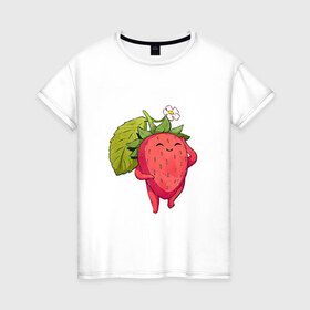 Женская футболка хлопок с принтом Довольная клубника в Тюмени, 100% хлопок | прямой крой, круглый вырез горловины, длина до линии бедер, слегка спущенное плечо | арт | белый цветок | белый цветочек | клубника | мило | милота | рисунок | свежая ягода | свежие ягоды | свежий продукт | цветок | цветочек | ягода | ягоды