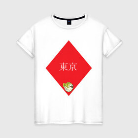 Женская футболка хлопок с принтом Японская фугу в Тюмени, 100% хлопок | прямой крой, круглый вырез горловины, длина до линии бедер, слегка спущенное плечо | надпись | ромб | рыба | токио | фугу | японское