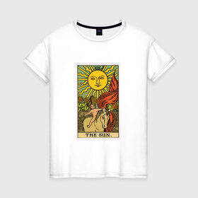 Женская футболка хлопок с принтом Аркан Солнце в Тюмени, 100% хлопок | прямой крой, круглый вырез горловины, длина до линии бедер, слегка спущенное плечо | аркан | духовность | знания | мистика | оккультныезнаки | символы | солнце | старший | тайные | таро | эзотерика