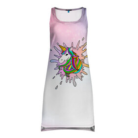 Платье-майка 3D с принтом Единорог в Тюмени, 100% полиэстер | полуприлегающий силуэт, широкие бретели, круглый вырез горловины, удлиненный подол сзади. | unikorn | единорог | единорожка | конь | радуга | рог | цветной