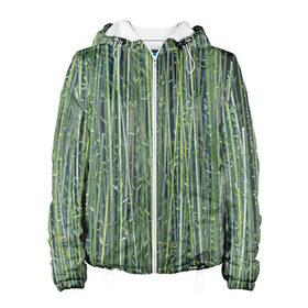 Женская куртка 3D с принтом Зеленый бамбук в Тюмени, ткань верха — 100% полиэстер, подклад — флис | прямой крой, подол и капюшон оформлены резинкой с фиксаторами, два кармана без застежек по бокам, один большой потайной карман на груди. Карман на груди застегивается на липучку | bamboo | forest | stripes | бамбук | заросли | лес | листья | полосы | растения