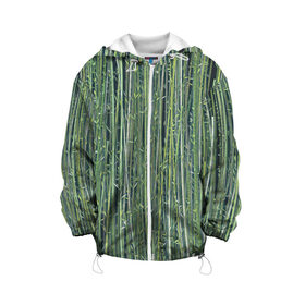 Детская куртка 3D с принтом Зеленый бамбук в Тюмени, 100% полиэстер | застежка — молния, подол и капюшон оформлены резинкой с фиксаторами, по бокам — два кармана без застежек, один потайной карман на груди, плотность верхнего слоя — 90 г/м2; плотность флисового подклада — 260 г/м2 | bamboo | forest | stripes | бамбук | заросли | лес | листья | полосы | растения