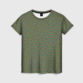 Женская футболка 3D с принтом Зеленые круги в Тюмени, 100% полиэфир ( синтетическое хлопкоподобное полотно) | прямой крой, круглый вырез горловины, длина до линии бедер | abstract | circles | geometry | green | lines | геометрия | зеленый | круги | линии | модный | паттерн | узор | цепочка