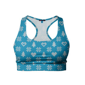 Женский спортивный топ 3D с принтом Голубой рождественский свитер в Тюмени, 82% полиэстер, 18% спандекс Ткань безопасна для здоровья, позволяет коже дышать, не мнется и не растягивается |  | 