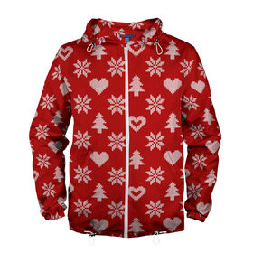 Мужская ветровка 3D с принтом Красный рождественский свитер в Тюмени, 100% полиэстер | подол и капюшон оформлены резинкой с фиксаторами, два кармана без застежек по бокам, один потайной карман на груди | 