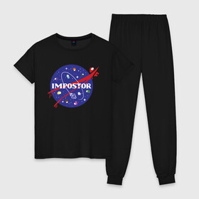 Женская пижама хлопок с принтом IMPOSTOR NASA в Тюмени, 100% хлопок | брюки и футболка прямого кроя, без карманов, на брюках мягкая резинка на поясе и по низу штанин | among us | galaxy | imposter | impostor | nasa | space | space company | star | there is impostor among us | амонг ус | астрономия | галактика | звезды | игра | космическая компания | космос | мем | наса | предатель | предатель среди 