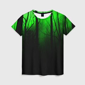 Женская футболка 3D с принтом G-loomy в Тюмени, 100% полиэфир ( синтетическое хлопкоподобное полотно) | прямой крой, круглый вырез горловины, длина до линии бедер | fog | forest | gloomy | green fog | night | radiation | trees | деревья | зеленый туман | лес | мрачный | ночь | радиация | туман