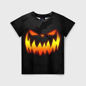 Детская футболка 3D с принтом Pumpkin smile and bats в Тюмени, 100% гипоаллергенный полиэфир | прямой крой, круглый вырез горловины, длина до линии бедер, чуть спущенное плечо, ткань немного тянется | 2020 | bat | bats | face | halloween | mask | nightmare | pumpkin | scary | smile | smiling | летучая | лицо | маска | мыши | мышь | привидение | страшная | тыква | улыбка | хэлоуин