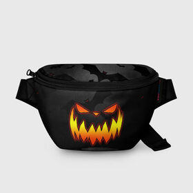 Поясная сумка 3D с принтом Pumpkin smile and bats в Тюмени, 100% полиэстер | плотная ткань, ремень с регулируемой длиной, внутри несколько карманов для мелочей, основное отделение и карман с обратной стороны сумки застегиваются на молнию | 2020 | bat | bats | face | halloween | mask | nightmare | pumpkin | scary | smile | smiling | летучая | лицо | маска | мыши | мышь | привидение | страшная | тыква | улыбка | хэлоуин
