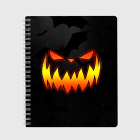 Тетрадь с принтом Pumpkin smile and bats в Тюмени, 100% бумага | 48 листов, плотность листов — 60 г/м2, плотность картонной обложки — 250 г/м2. Листы скреплены сбоку удобной пружинной спиралью. Уголки страниц и обложки скругленные. Цвет линий — светло-серый
 | 2020 | bat | bats | face | halloween | mask | nightmare | pumpkin | scary | smile | smiling | летучая | лицо | маска | мыши | мышь | привидение | страшная | тыква | улыбка | хэлоуин