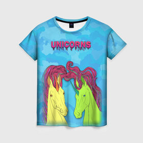 Женская футболка 3D с принтом Colored unicorns в Тюмени, 100% полиэфир ( синтетическое хлопкоподобное полотно) | прямой крой, круглый вырез горловины, длина до линии бедер | 