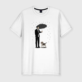 Мужская футболка хлопок Slim с принтом Под дождем в Тюмени, 92% хлопок, 8% лайкра | приталенный силуэт, круглый вырез ворота, длина до линии бедра, короткий рукав | beagle | бигль | джон уикместь | дождь | забота | защита животных | зонт | киану ривз | охрана | собака