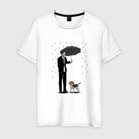 Мужская футболка хлопок с принтом Под дождем в Тюмени, 100% хлопок | прямой крой, круглый вырез горловины, длина до линии бедер, слегка спущенное плечо. | Тематика изображения на принте: beagle | бигль | джон уикместь | дождь | забота | защита животных | зонт | киану ривз | охрана | собака