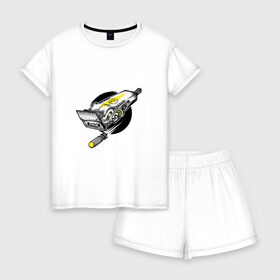 Женская пижама с шортиками хлопок с принтом Опасная стрижка в Тюмени, 100% хлопок | футболка прямого кроя, шорты свободные с широкой мягкой резинкой | арт | бомба | машинка для стрижки волос | ракета | рисунок