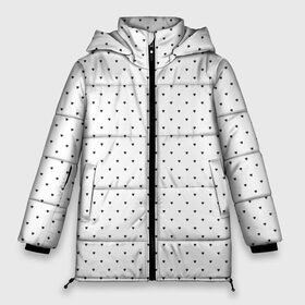 Женская зимняя куртка 3D с принтом Сердечки черные на белом в Тюмени, верх — 100% полиэстер; подкладка — 100% полиэстер; утеплитель — 100% полиэстер | длина ниже бедра, силуэт Оверсайз. Есть воротник-стойка, отстегивающийся капюшон и ветрозащитная планка. 

Боковые карманы с листочкой на кнопках и внутренний карман на молнии | Тематика изображения на принте: heart pattern | hearts | polka dot hearts | сердечки | сердечки в стиле горошек | сердечки горошек | сердечки узорчик | сердце | сердце узор | узор горошек
