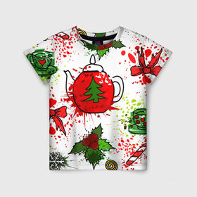 Детская футболка 3D с принтом Новогоднее чаепитие и чайник в Тюмени, 100% гипоаллергенный полиэфир | прямой крой, круглый вырез горловины, длина до линии бедер, чуть спущенное плечо, ткань немного тянется | арт | белая | еда | новогодняя | новый год | поздравление | прикол | рождество | скетч | чай | чайная церемония | чайник | чашка | чашки | юмор